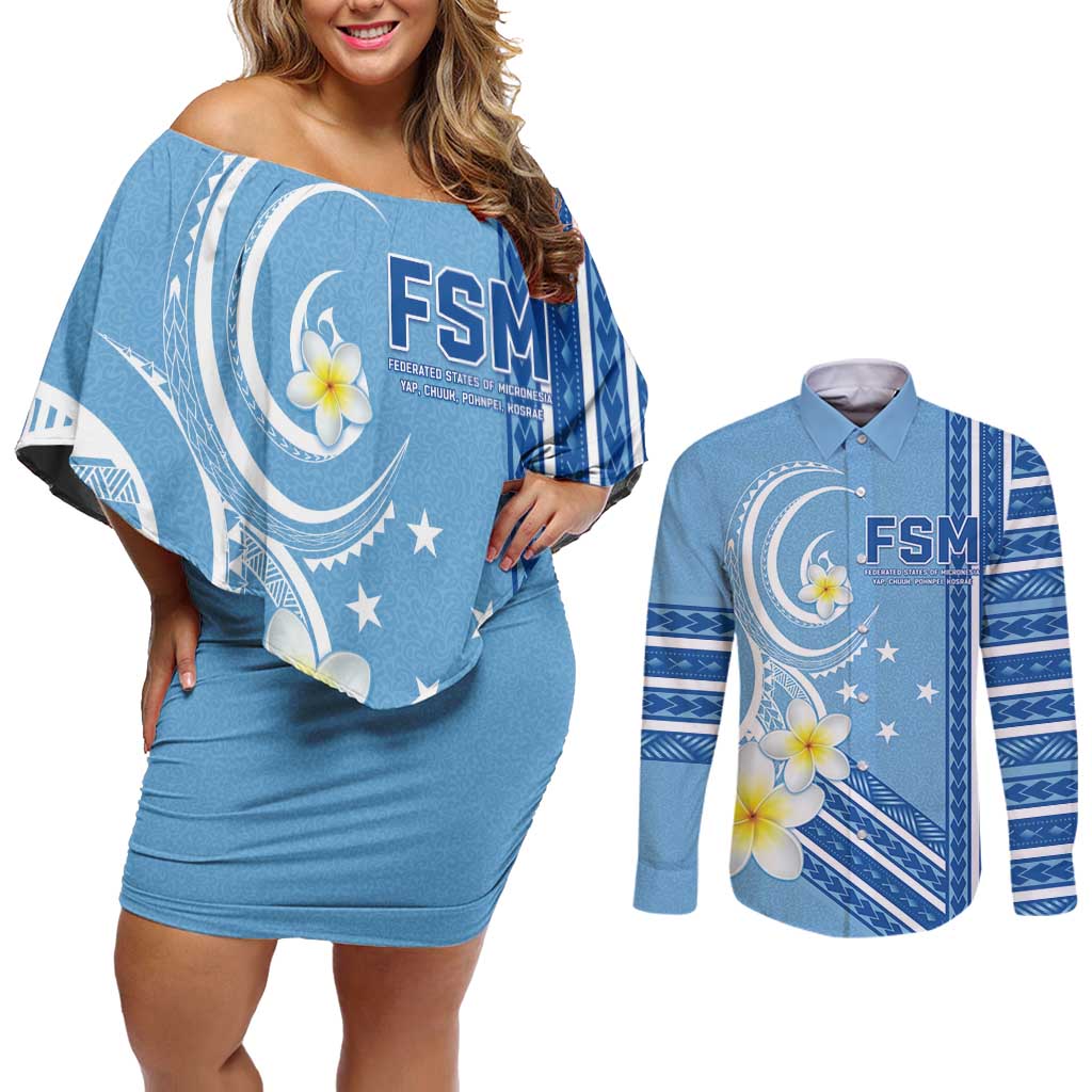 Personalised Federated States of Micronesia Couples Matching Off Shoulder Short Dress and Long Sleeve Button Shirt Happy 38th Independence Anniversary LT05 Blue - Polynesian Pride