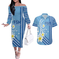 Personalised Federated States of Micronesia Couples Matching Off The Shoulder Long Sleeve Dress and Hawaiian Shirt Happy 38th Independence Anniversary LT05 Blue - Polynesian Pride