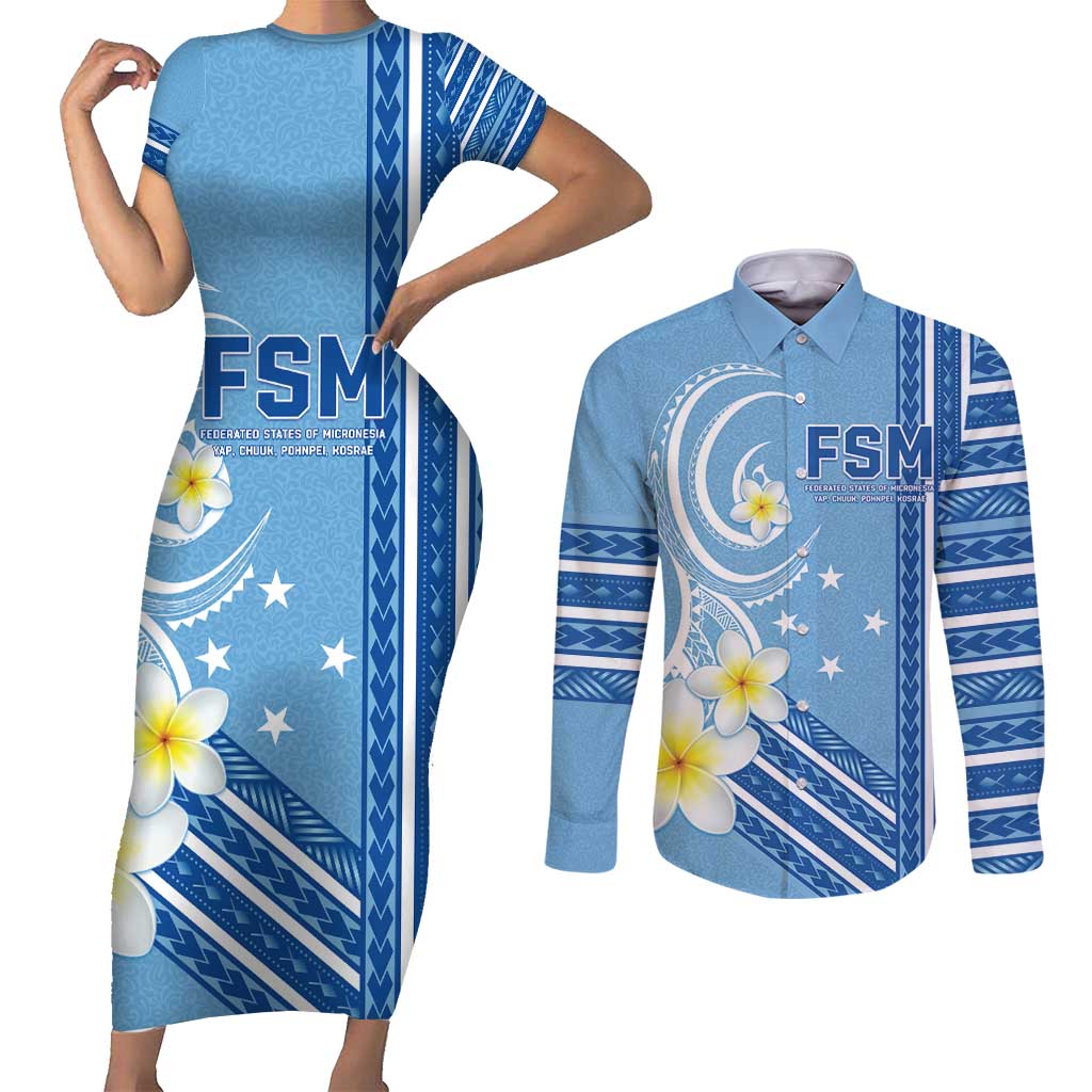 Personalised Federated States of Micronesia Couples Matching Short Sleeve Bodycon Dress and Long Sleeve Button Shirt Happy 38th Independence Anniversary LT05 Blue - Polynesian Pride