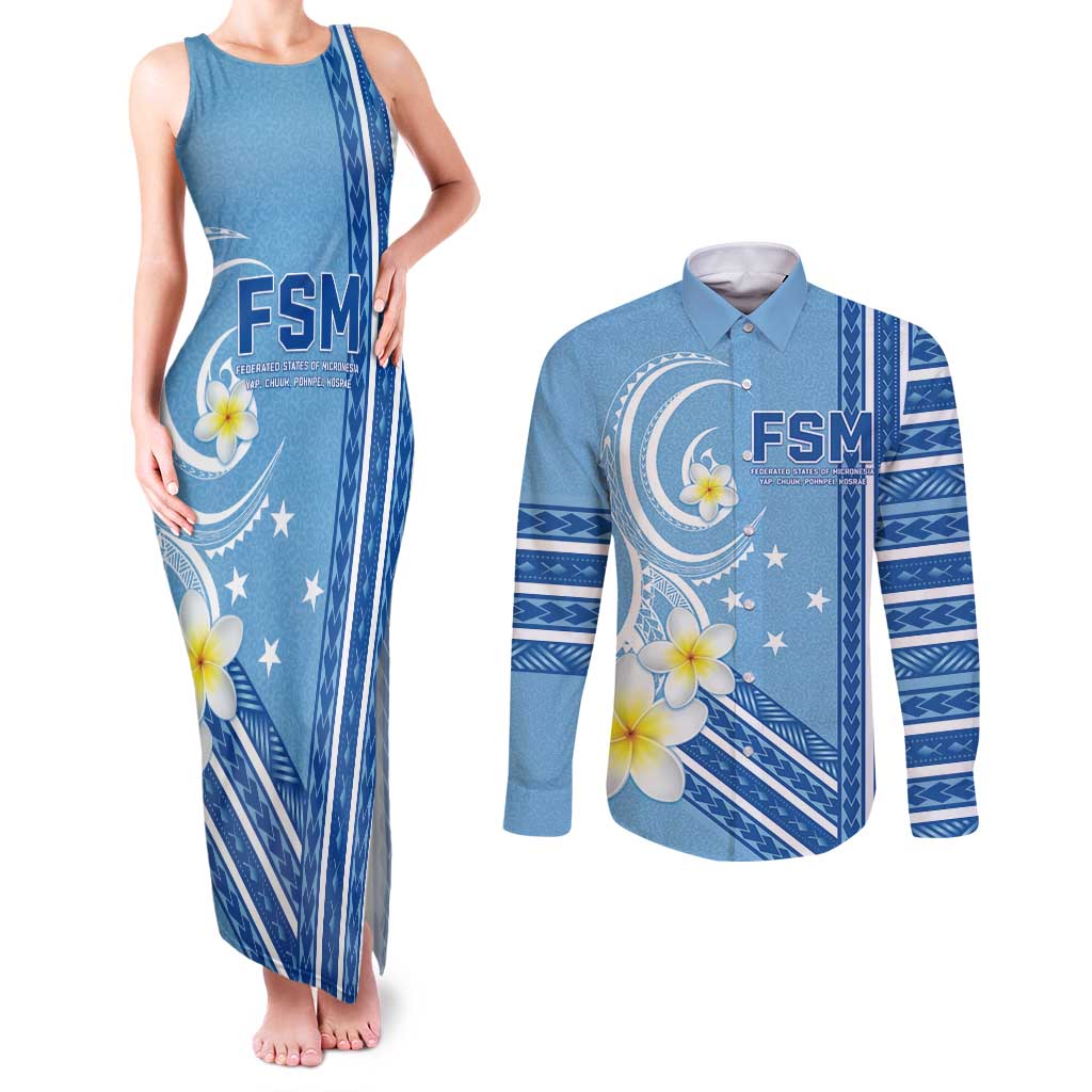 Personalised Federated States of Micronesia Couples Matching Tank Maxi Dress and Long Sleeve Button Shirt Happy 38th Independence Anniversary LT05 Blue - Polynesian Pride