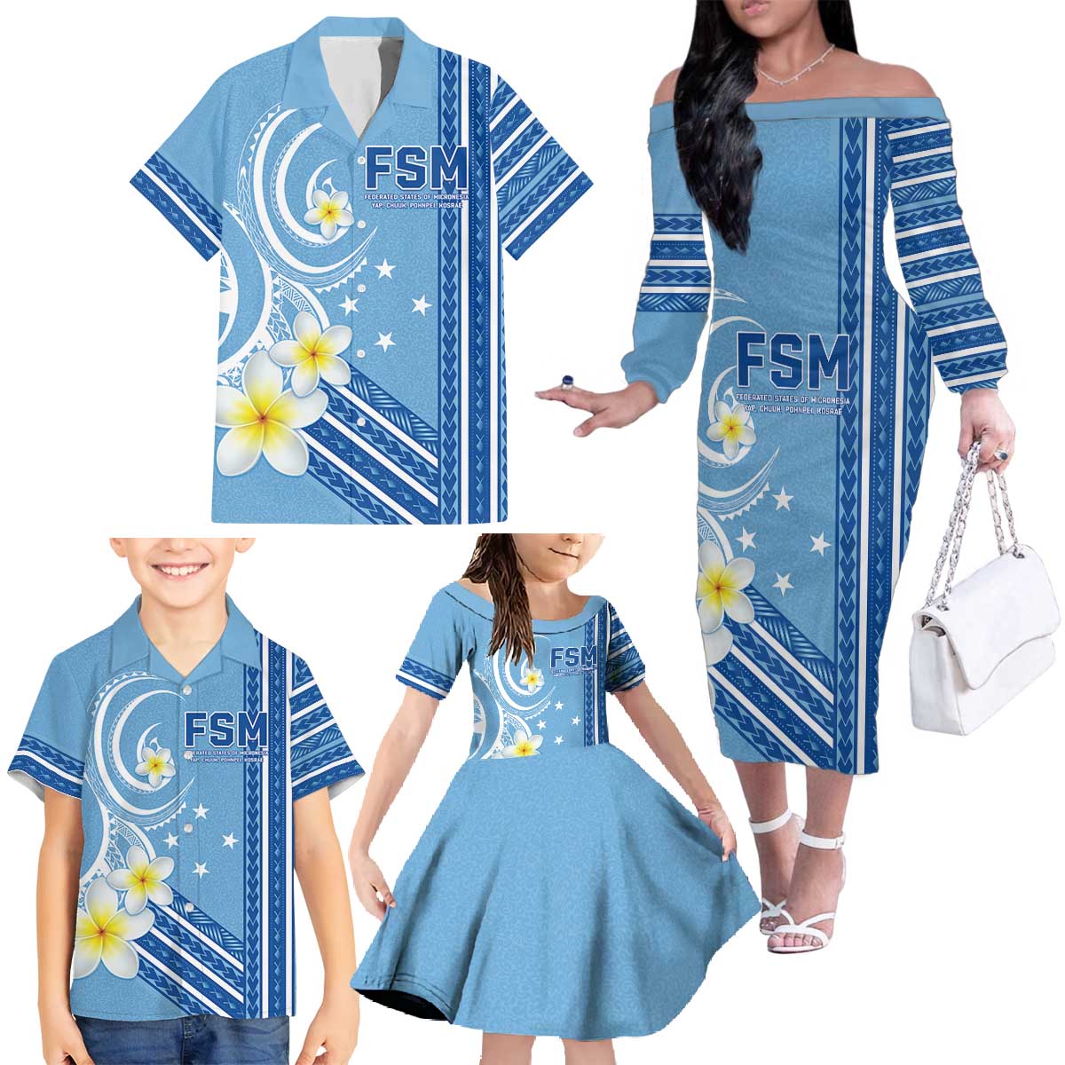 Personalised Federated States of Micronesia Family Matching Off The Shoulder Long Sleeve Dress and Hawaiian Shirt Happy 38th Independence Anniversary LT05 - Polynesian Pride