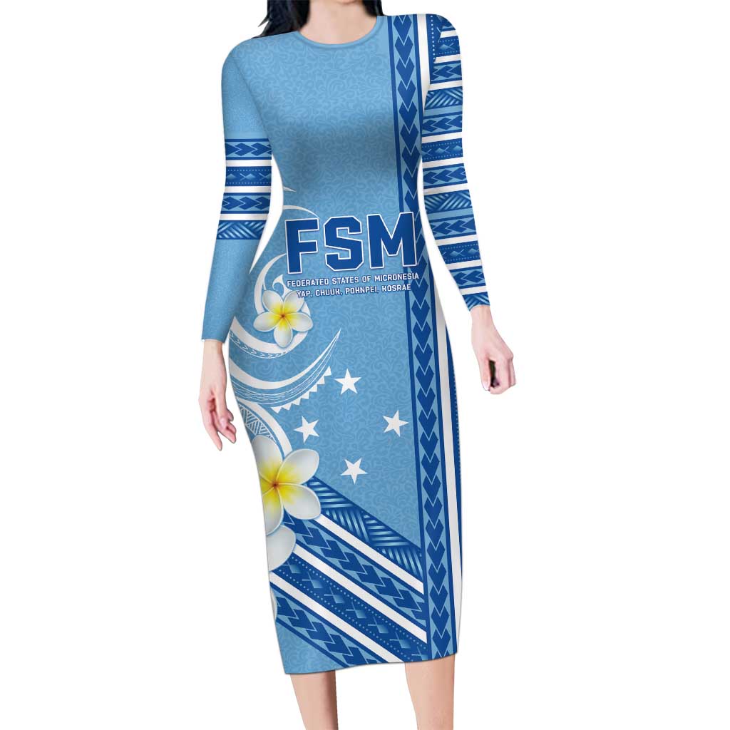 Personalised Federated States of Micronesia Long Sleeve Bodycon Dress Happy 38th Independence Anniversary LT05 Long Dress Blue - Polynesian Pride