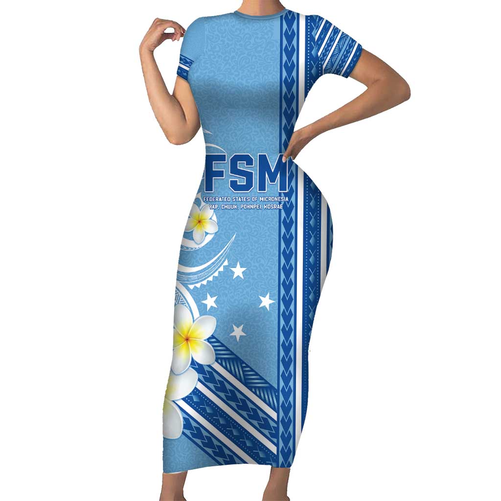 Personalised Federated States of Micronesia Short Sleeve Bodycon Dress Happy 38th Independence Anniversary LT05 Long Dress Blue - Polynesian Pride