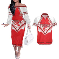 Custom Tonga Mate Maa Rugby Couples Matching Off The Shoulder Long Sleeve Dress and Hawaiian Shirt Go Champions LT05 Red - Polynesian Pride