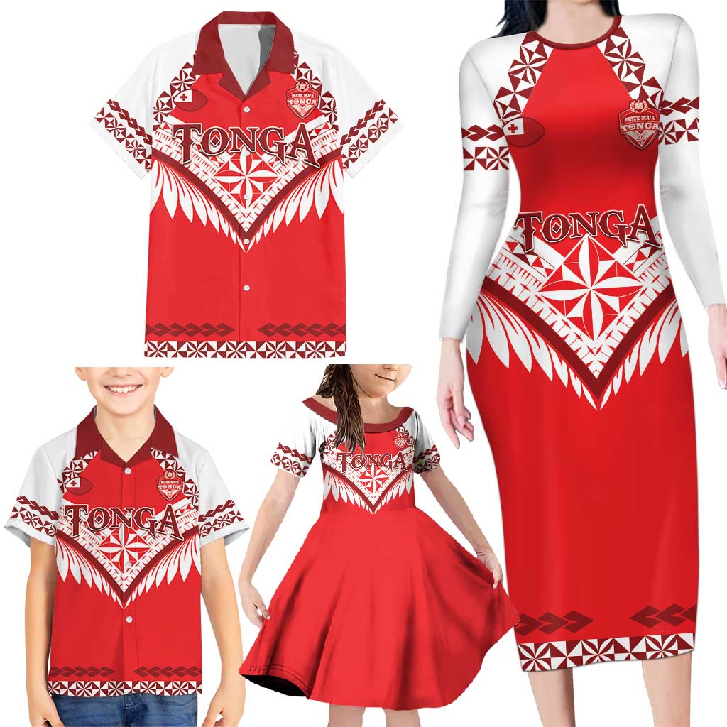 Custom Tonga Mate Maa Rugby Family Matching Long Sleeve Bodycon Dress and Hawaiian Shirt Go Champions LT05 - Polynesian Pride
