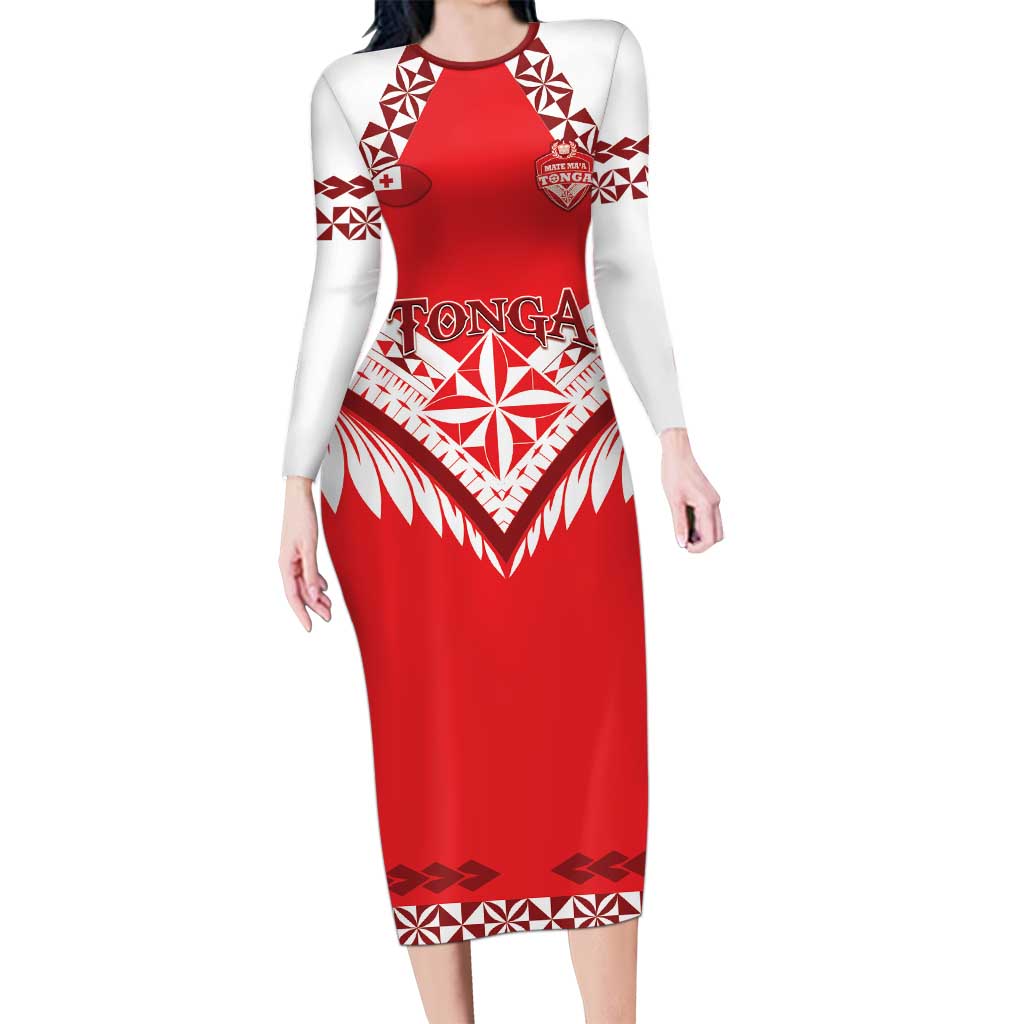 Custom Tonga Mate Maa Rugby Family Matching Long Sleeve Bodycon Dress and Hawaiian Shirt Go Champions LT05 Mom's Dress Red - Polynesian Pride