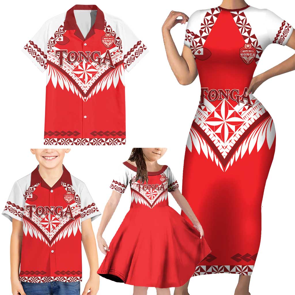 Custom Tonga Mate Maa Rugby Family Matching Short Sleeve Bodycon Dress and Hawaiian Shirt Go Champions LT05 - Polynesian Pride
