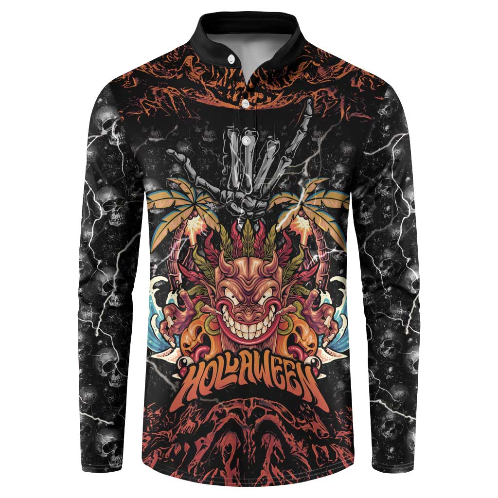 Aloha Halloween Button Sweatshirt Horror Tiki Heavy Metal Style - Polynesian Pride