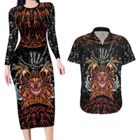 Aloha Halloween Couples Matching Long Sleeve Bodycon Dress and Hawaiian Shirt Horror Tiki Heavy Metal Style LT05 Black - Polynesian Pride