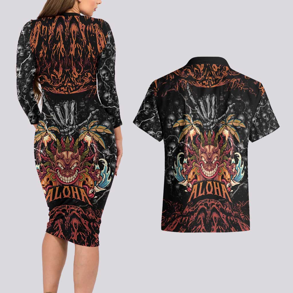 Aloha Halloween Couples Matching Long Sleeve Bodycon Dress and Hawaiian Shirt Horror Tiki Heavy Metal Style LT05 - Polynesian Pride