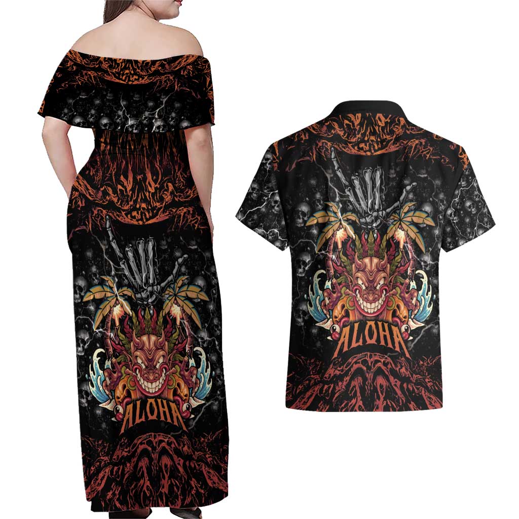 Aloha Halloween Couples Matching Off Shoulder Maxi Dress and Hawaiian Shirt Horror Tiki Heavy Metal Style LT05 - Polynesian Pride