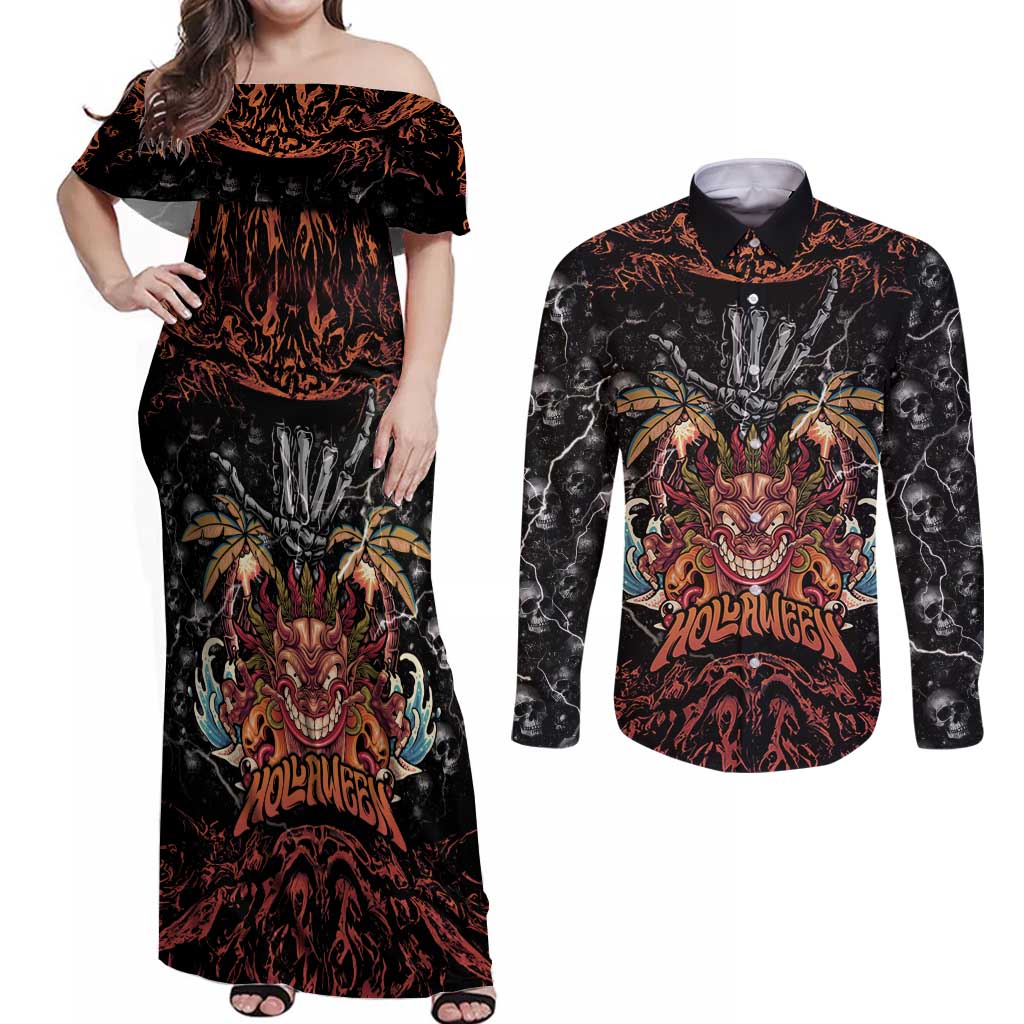 Aloha Halloween Couples Matching Off Shoulder Maxi Dress and Long Sleeve Button Shirt Horror Tiki Heavy Metal Style LT05 Black - Polynesian Pride