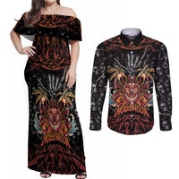 Aloha Halloween Couples Matching Off Shoulder Maxi Dress and Long Sleeve Button Shirt Horror Tiki Heavy Metal Style LT05 Black - Polynesian Pride
