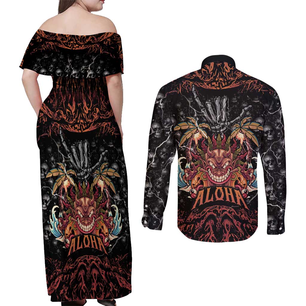 Aloha Halloween Couples Matching Off Shoulder Maxi Dress and Long Sleeve Button Shirt Horror Tiki Heavy Metal Style LT05 - Polynesian Pride