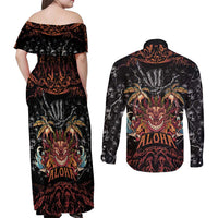 Aloha Halloween Couples Matching Off Shoulder Maxi Dress and Long Sleeve Button Shirt Horror Tiki Heavy Metal Style LT05 - Polynesian Pride