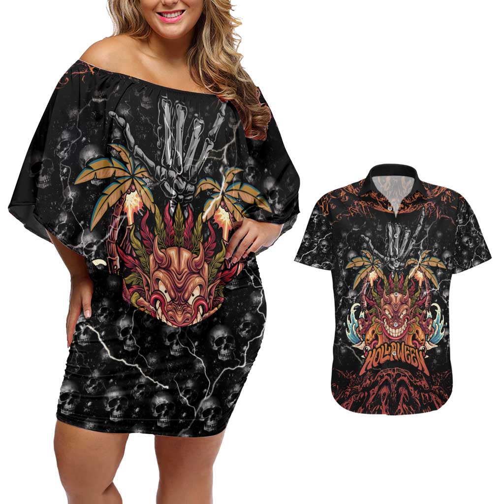 Aloha Halloween Couples Matching Off Shoulder Short Dress and Hawaiian Shirt Horror Tiki Heavy Metal Style LT05 Black - Polynesian Pride