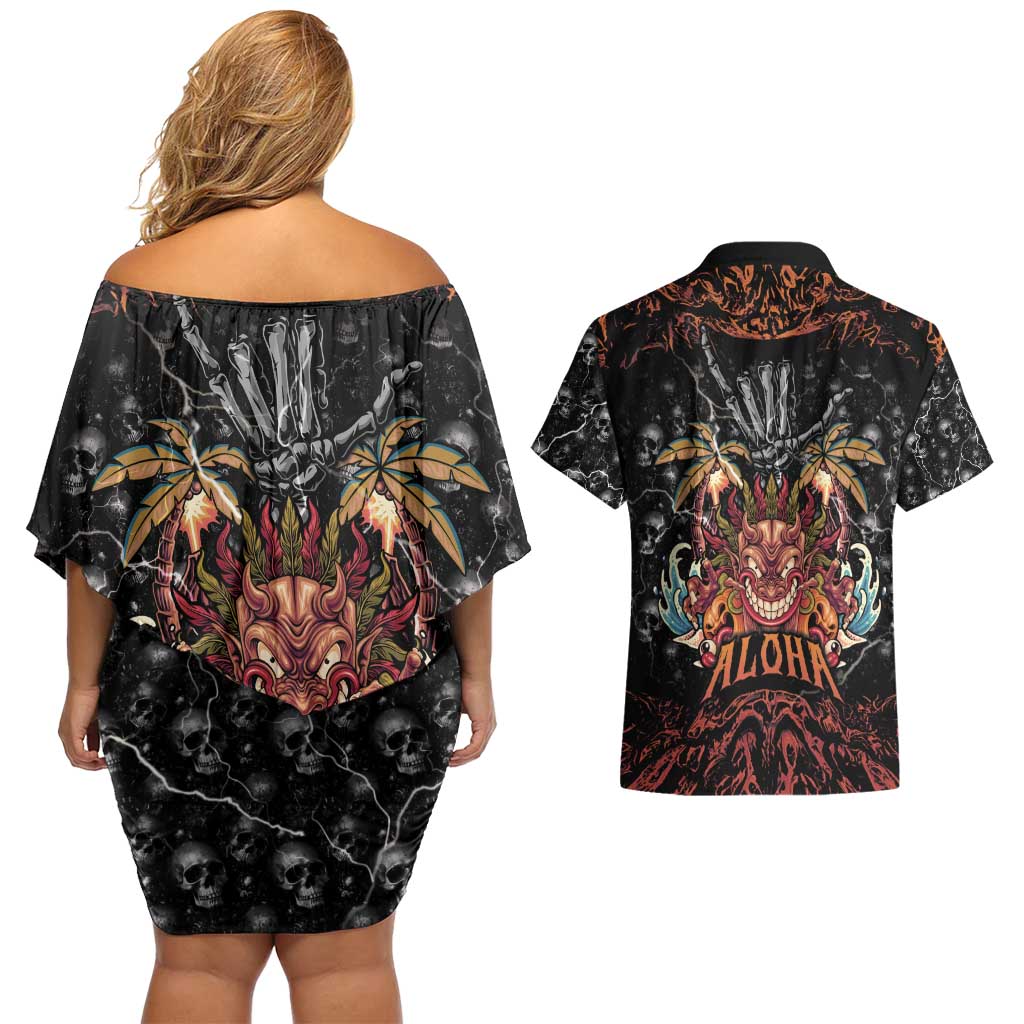 Aloha Halloween Couples Matching Off Shoulder Short Dress and Hawaiian Shirt Horror Tiki Heavy Metal Style LT05 - Polynesian Pride