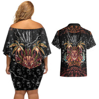 Aloha Halloween Couples Matching Off Shoulder Short Dress and Hawaiian Shirt Horror Tiki Heavy Metal Style LT05 - Polynesian Pride