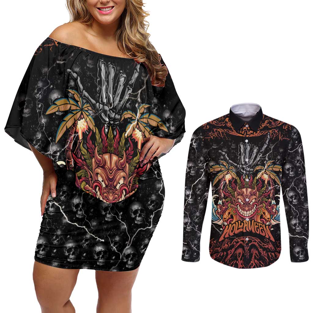 Aloha Halloween Couples Matching Off Shoulder Short Dress and Long Sleeve Button Shirt Horror Tiki Heavy Metal Style LT05 Black - Polynesian Pride