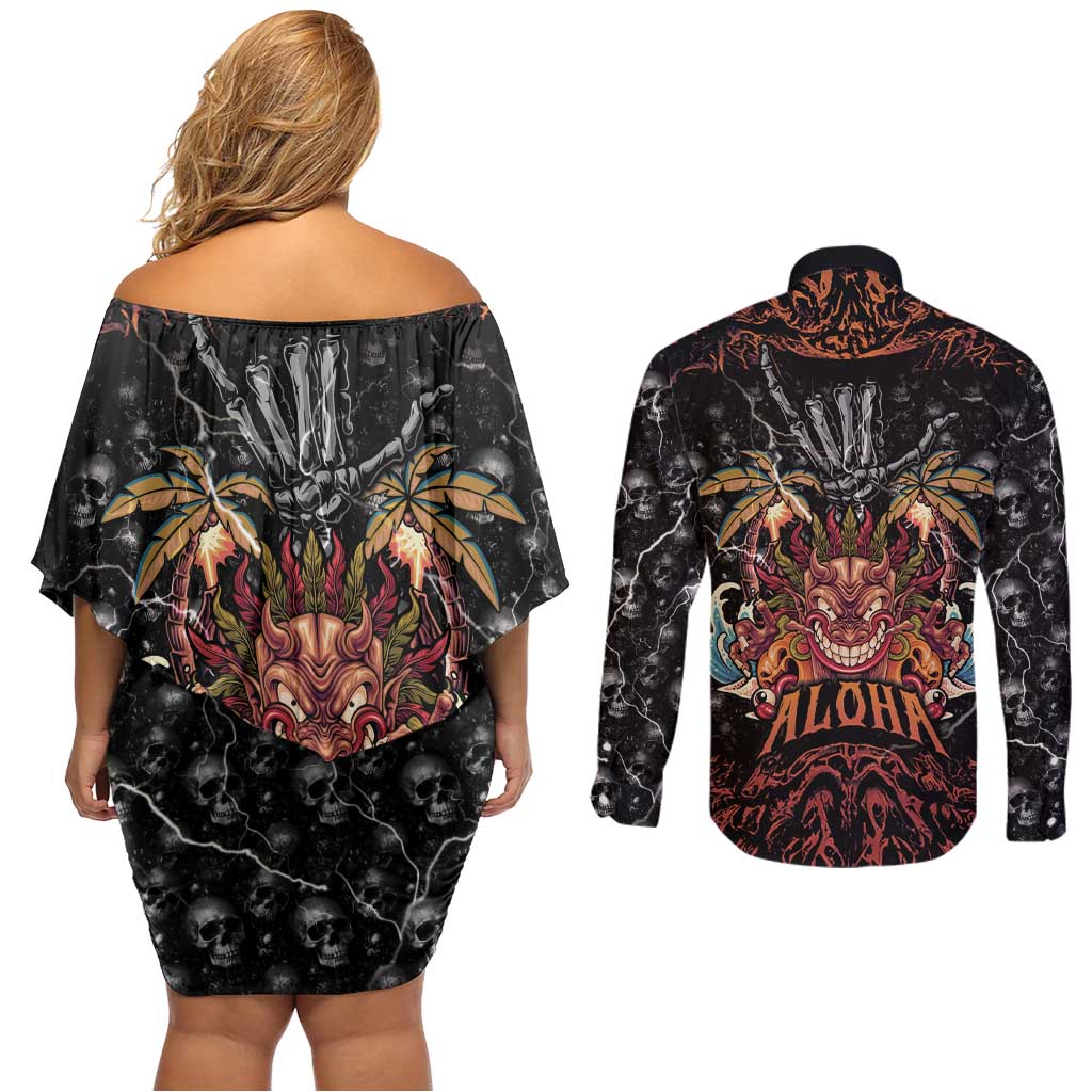 Aloha Halloween Couples Matching Off Shoulder Short Dress and Long Sleeve Button Shirt Horror Tiki Heavy Metal Style LT05 - Polynesian Pride