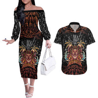 Aloha Halloween Couples Matching Off The Shoulder Long Sleeve Dress and Hawaiian Shirt Horror Tiki Heavy Metal Style LT05 Black - Polynesian Pride