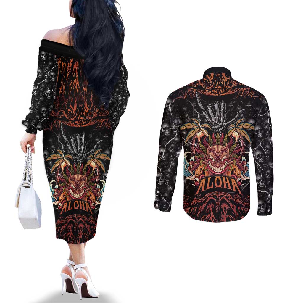 Aloha Halloween Couples Matching Off The Shoulder Long Sleeve Dress and Long Sleeve Button Shirt Horror Tiki Heavy Metal Style LT05 - Polynesian Pride