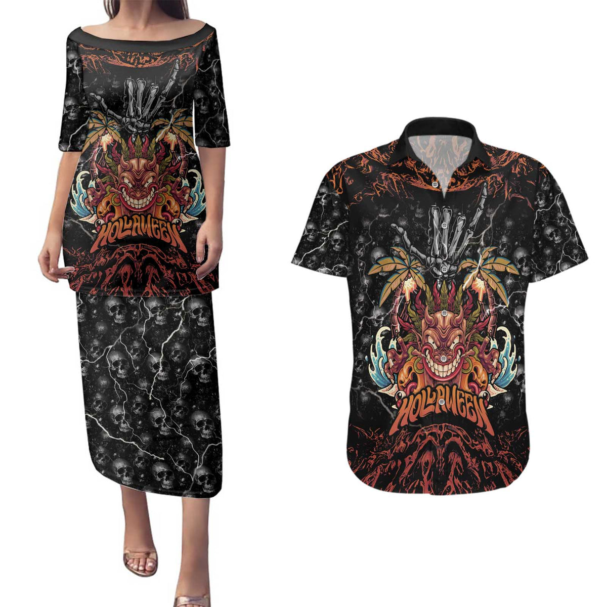 Aloha Halloween Couples Matching Puletasi and Hawaiian Shirt Horror Tiki Heavy Metal Style LT05 Black - Polynesian Pride