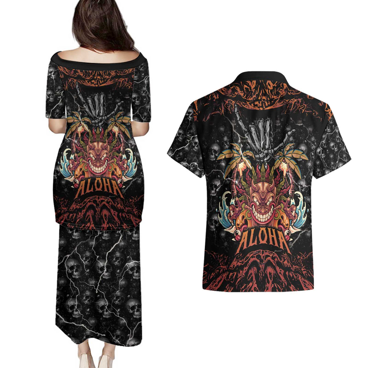 Aloha Halloween Couples Matching Puletasi and Hawaiian Shirt Horror Tiki Heavy Metal Style LT05 - Polynesian Pride