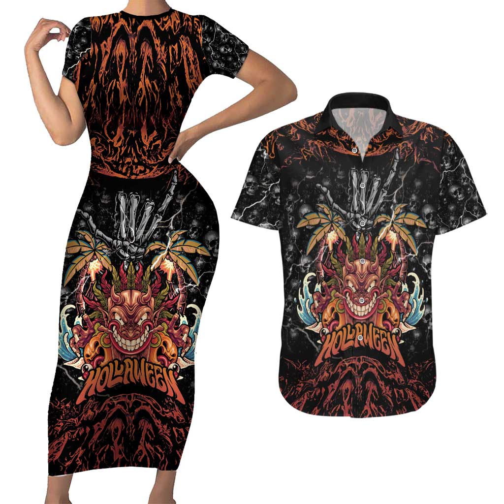 Aloha Halloween Couples Matching Short Sleeve Bodycon Dress and Hawaiian Shirt Horror Tiki Heavy Metal Style LT05 Black - Polynesian Pride
