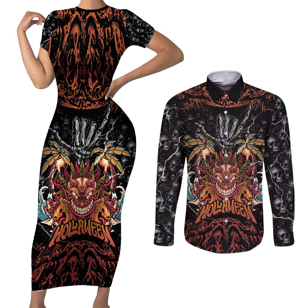 Aloha Halloween Couples Matching Short Sleeve Bodycon Dress and Long Sleeve Button Shirt Horror Tiki Heavy Metal Style LT05 Black - Polynesian Pride