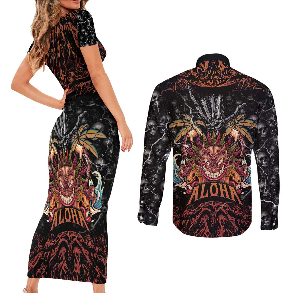 Aloha Halloween Couples Matching Short Sleeve Bodycon Dress and Long Sleeve Button Shirt Horror Tiki Heavy Metal Style LT05 - Polynesian Pride