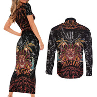 Aloha Halloween Couples Matching Short Sleeve Bodycon Dress and Long Sleeve Button Shirt Horror Tiki Heavy Metal Style LT05 - Polynesian Pride