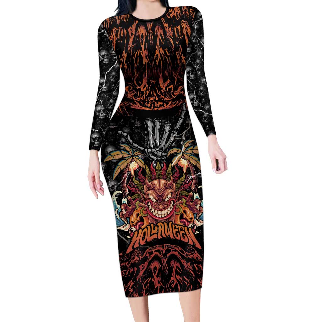 Aloha Halloween Family Matching Long Sleeve Bodycon Dress and Hawaiian Shirt Horror Tiki Heavy Metal Style LT05 Mom's Dress Black - Polynesian Pride