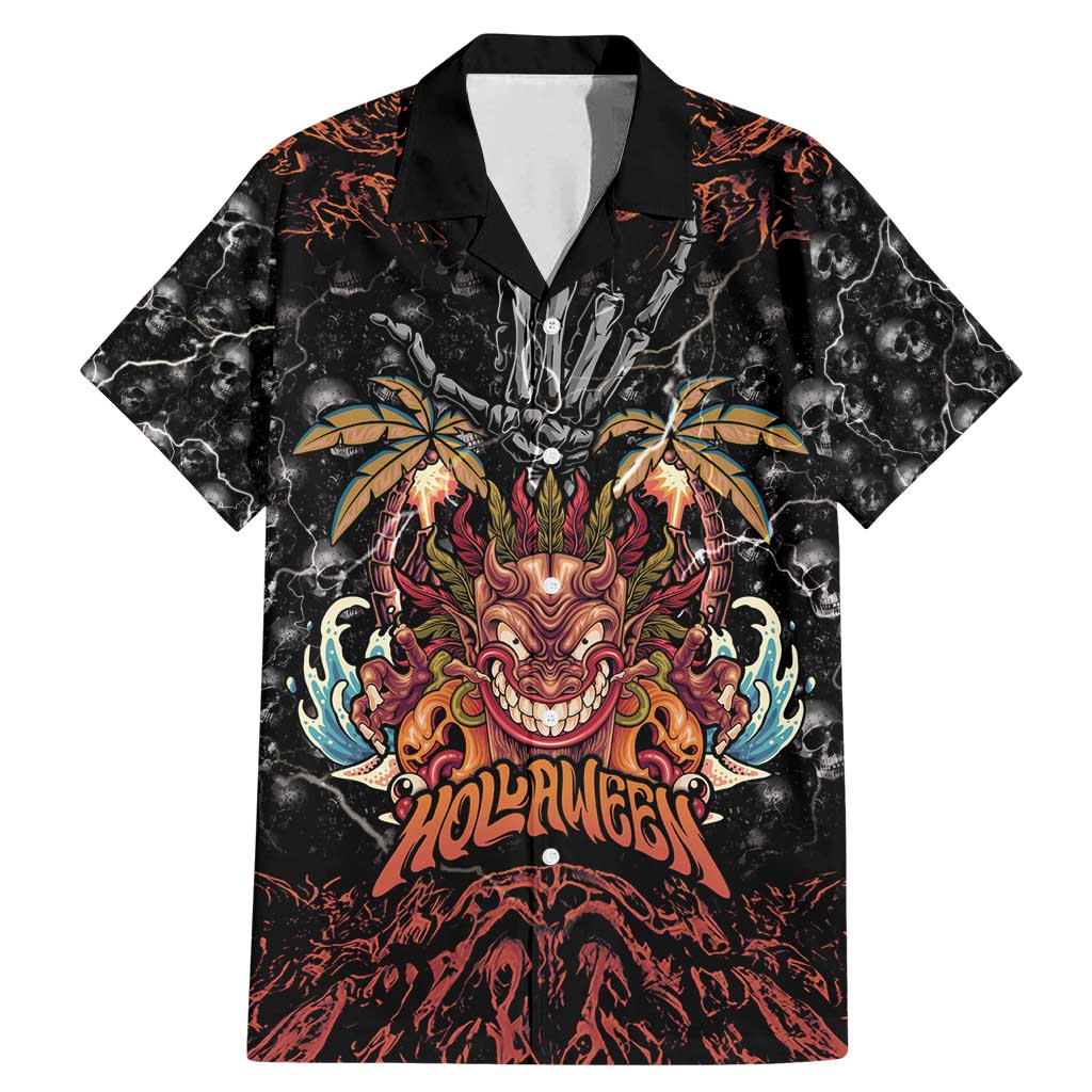 Aloha Halloween Family Matching Mermaid Dress and Hawaiian Shirt Horror Tiki Heavy Metal Style LT05 Dad's Shirt - Short Sleeve Black - Polynesian Pride
