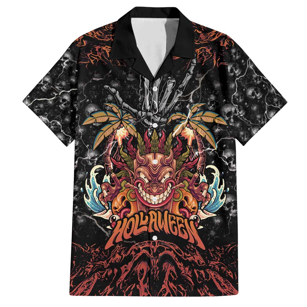 Aloha Halloween Family Matching Off Shoulder Maxi Dress and Hawaiian Shirt Horror Tiki Heavy Metal Style LT05 Dad's Shirt - Short Sleeve Black - Polynesian Pride
