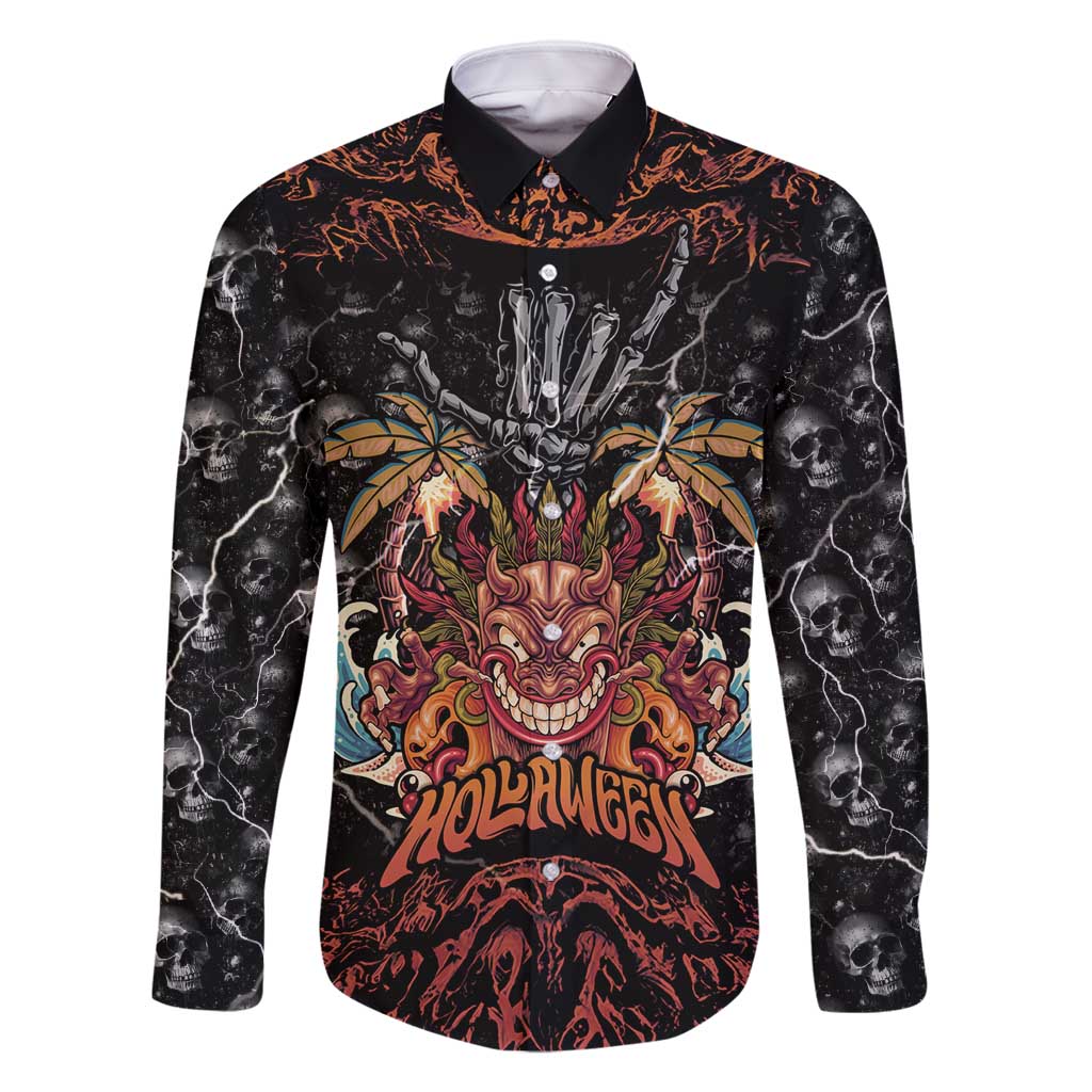 Aloha Halloween Family Matching Off Shoulder Maxi Dress and Hawaiian Shirt Horror Tiki Heavy Metal Style LT05 Dad's Shirt - Long Sleeve Black - Polynesian Pride