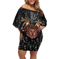 Aloha Halloween Family Matching Off Shoulder Short Dress and Hawaiian Shirt Horror Tiki Heavy Metal Style LT05 Mom's Dress Black - Polynesian Pride