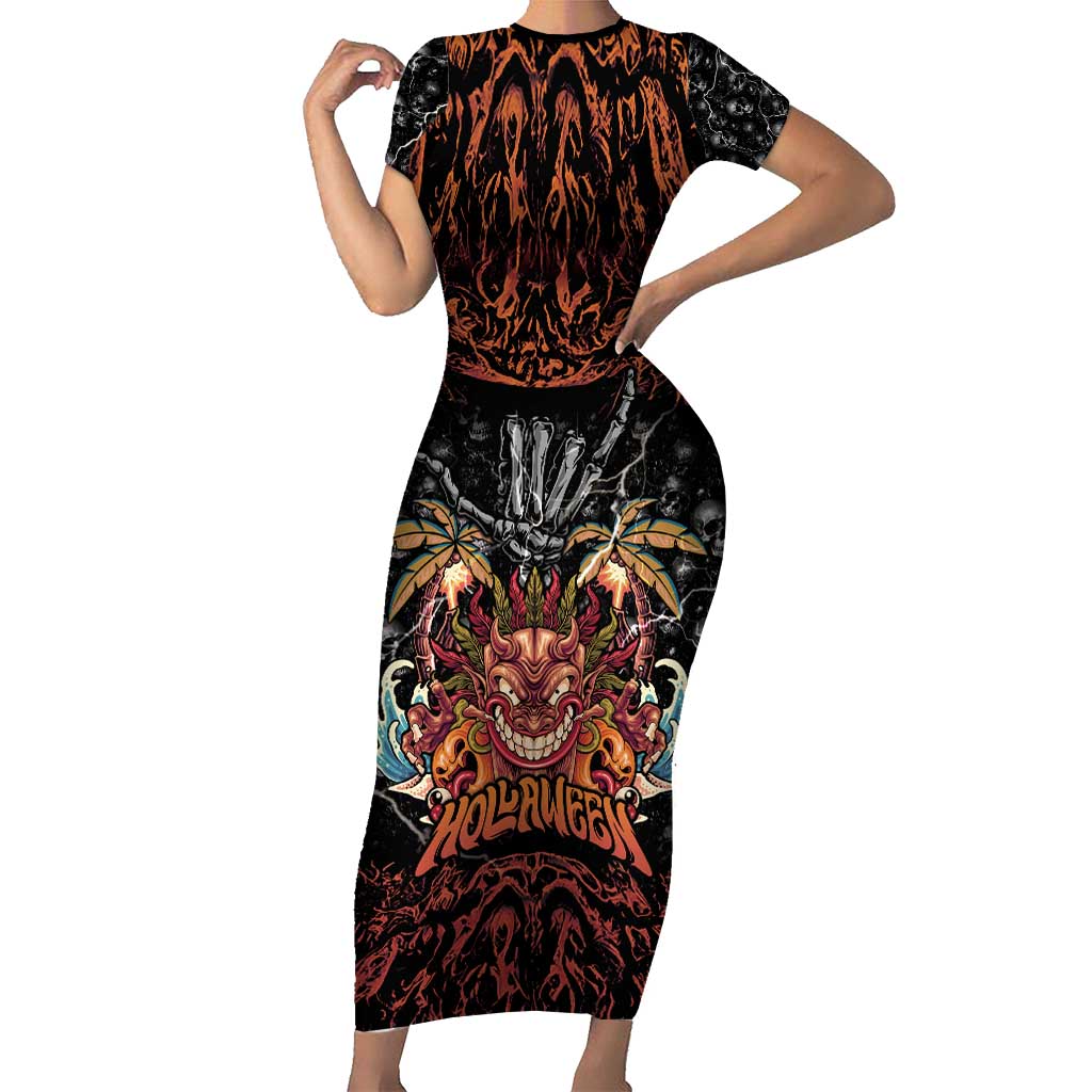 Aloha Halloween Family Matching Short Sleeve Bodycon Dress and Hawaiian Shirt Horror Tiki Heavy Metal Style LT05 Mom's Dress Black - Polynesian Pride