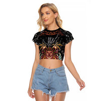 Aloha Halloween Raglan Cropped T Shirt Horror Tiki Heavy Metal Style - Polynesian Pride