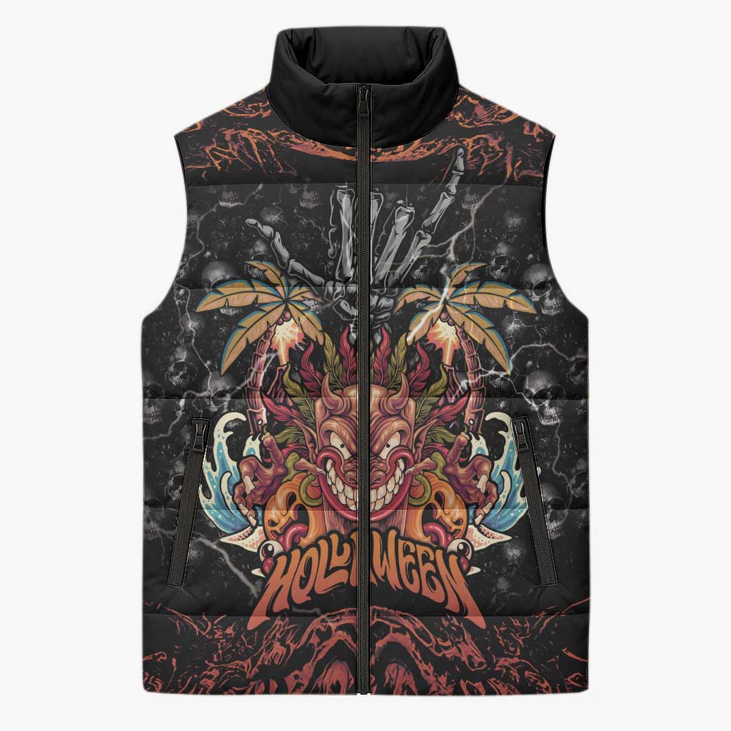 Aloha Halloween Sleeveless Puffer Jacket Horror Tiki Heavy Metal Style LT05 Unisex Black - Polynesian Pride