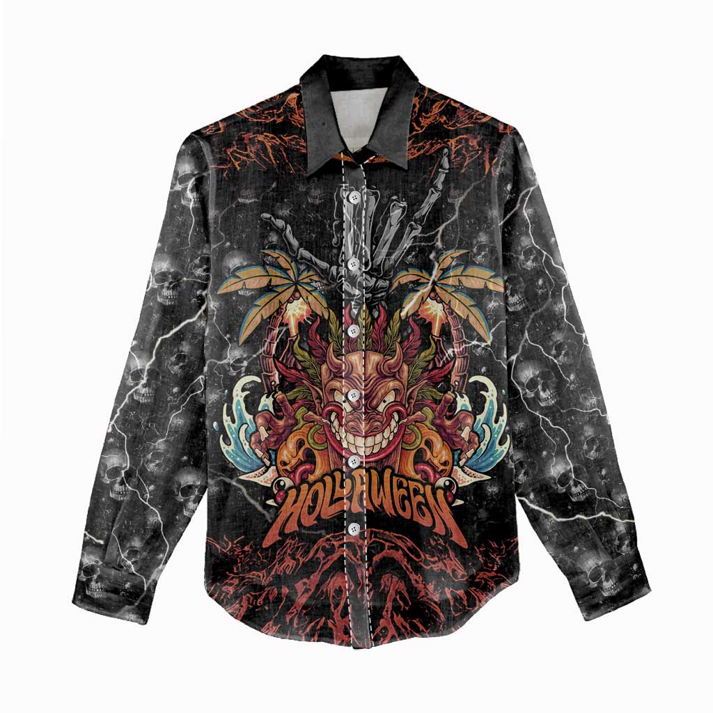 Aloha Halloween Women Casual Shirt Horror Tiki Heavy Metal Style - Polynesian Pride