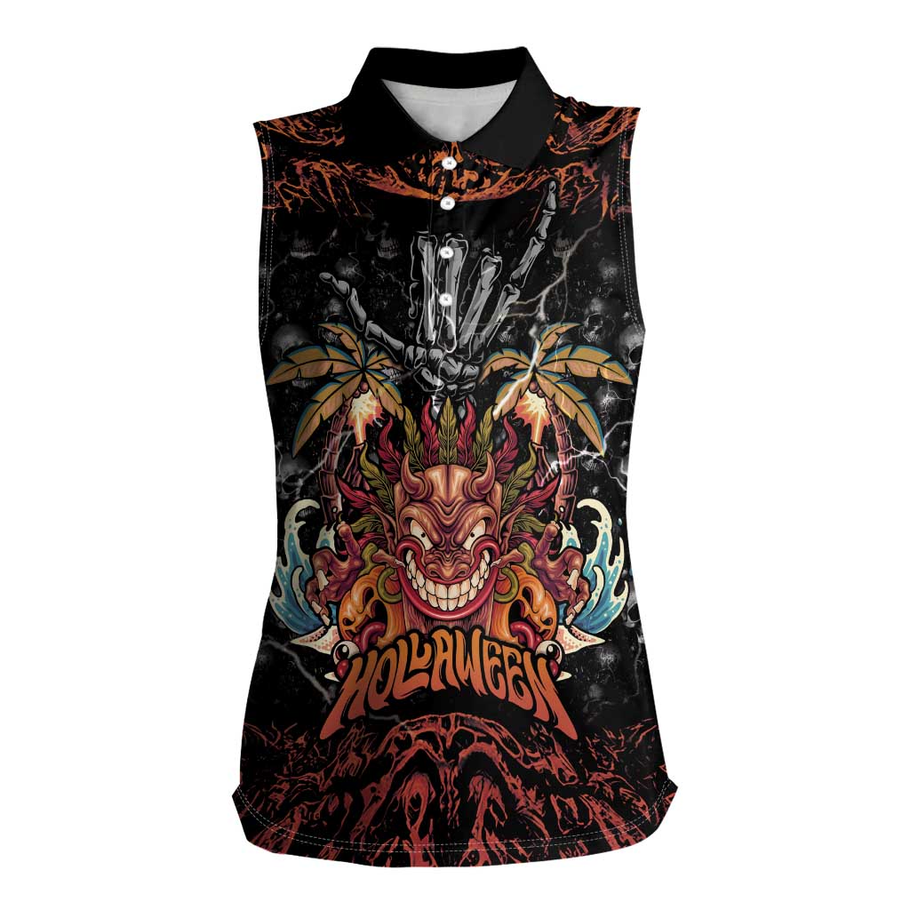 Aloha Halloween Women Sleeveless Polo Shirt Horror Tiki Heavy Metal Style LT05 Female Black - Polynesian Pride