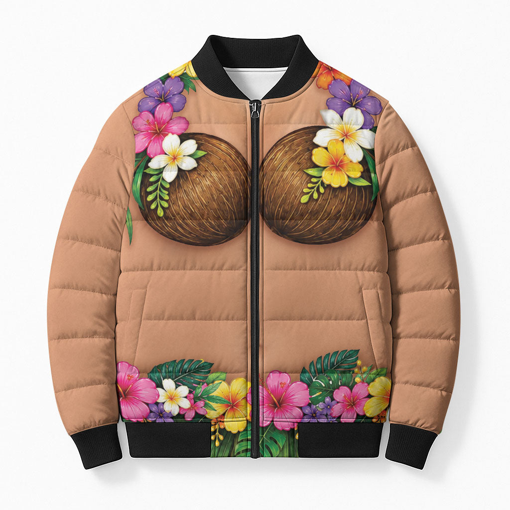 Hawaii Hula Costume Bomber Puffer Jacket Coconut Bra Lei Flowers Grass Skirt LT05 Unisex Beige - Polynesian Pride