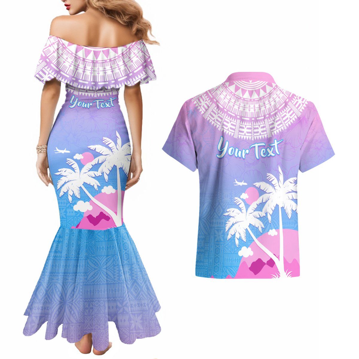 Personalised Fiji Your Paradise Festival Couples Matching Mermaid Dress and Hawaiian Shirt With Fijian Masi Tapa Pattern LT05 - Polynesian Pride