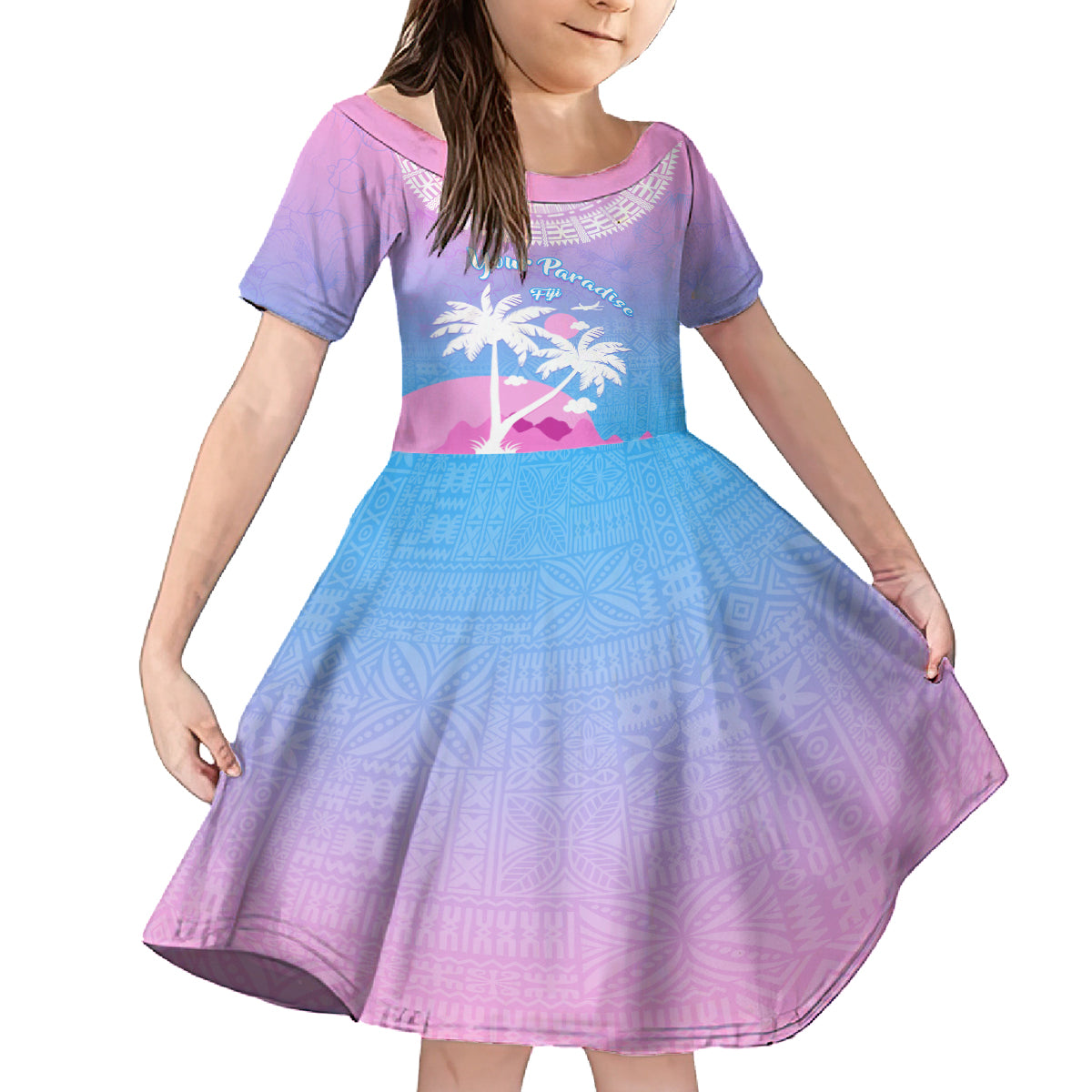 Personalised Fiji Your Paradise Festival Family Matching Off Shoulder Long Sleeve Dress and Hawaiian Shirt With Fijian Masi Tapa Pattern LT05 Daughter's Dress Blue - Polynesian Pride