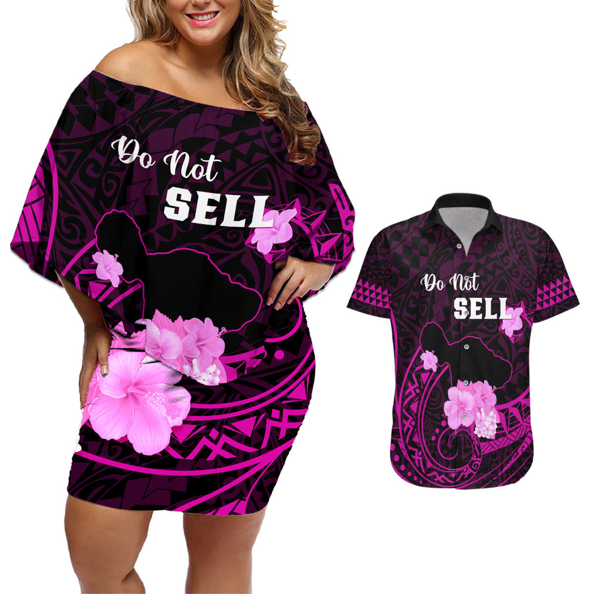 Hawaii Strong Maui Couples Matching Off Shoulder Short Dress and Hawaiian Shirt Lahaina Is Not For Sale LT05 Pink - Polynesian Pride