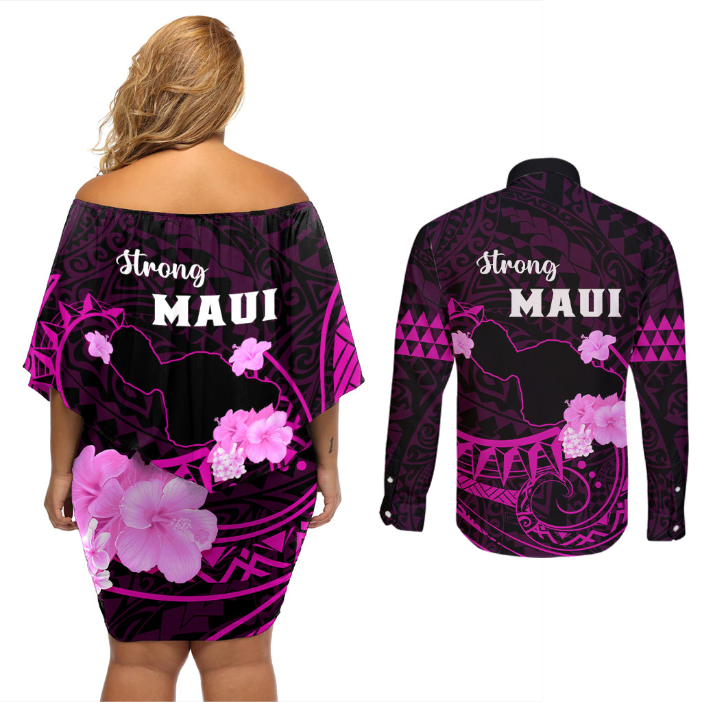 Hawaii Strong Maui Couples Matching Off Shoulder Short Dress and Long Sleeve Button Shirt Lahaina Is Not For Sale LT05 - Polynesian Pride