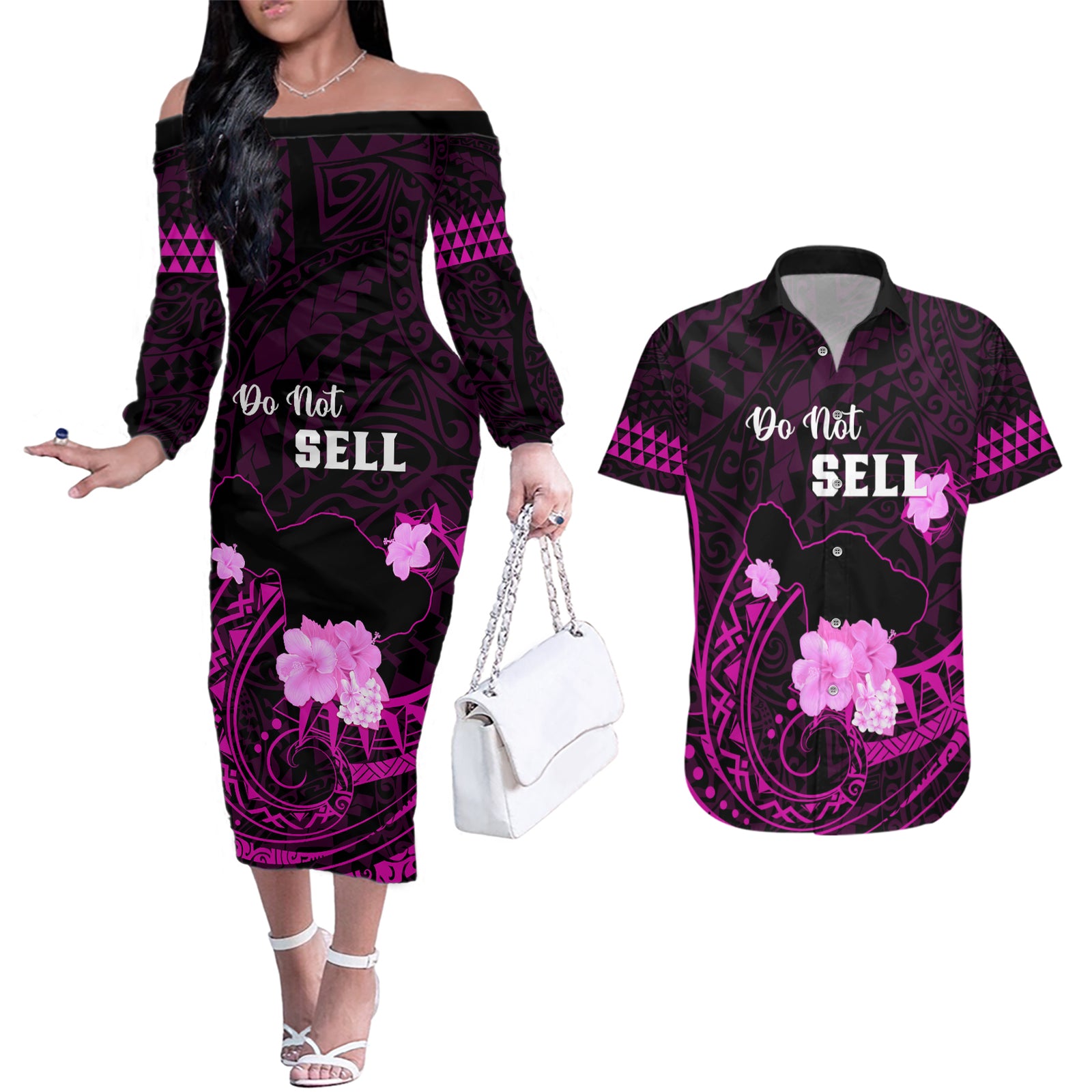 Hawaii Strong Maui Couples Matching Off The Shoulder Long Sleeve Dress and Hawaiian Shirt Lahaina Is Not For Sale LT05 Pink - Polynesian Pride