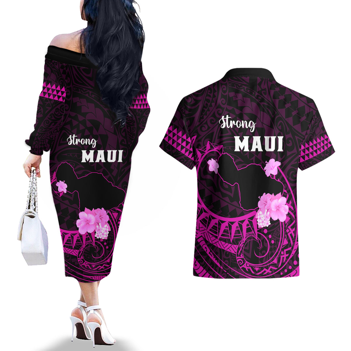 Hawaii Strong Maui Couples Matching Off The Shoulder Long Sleeve Dress and Hawaiian Shirt Lahaina Is Not For Sale LT05 - Polynesian Pride