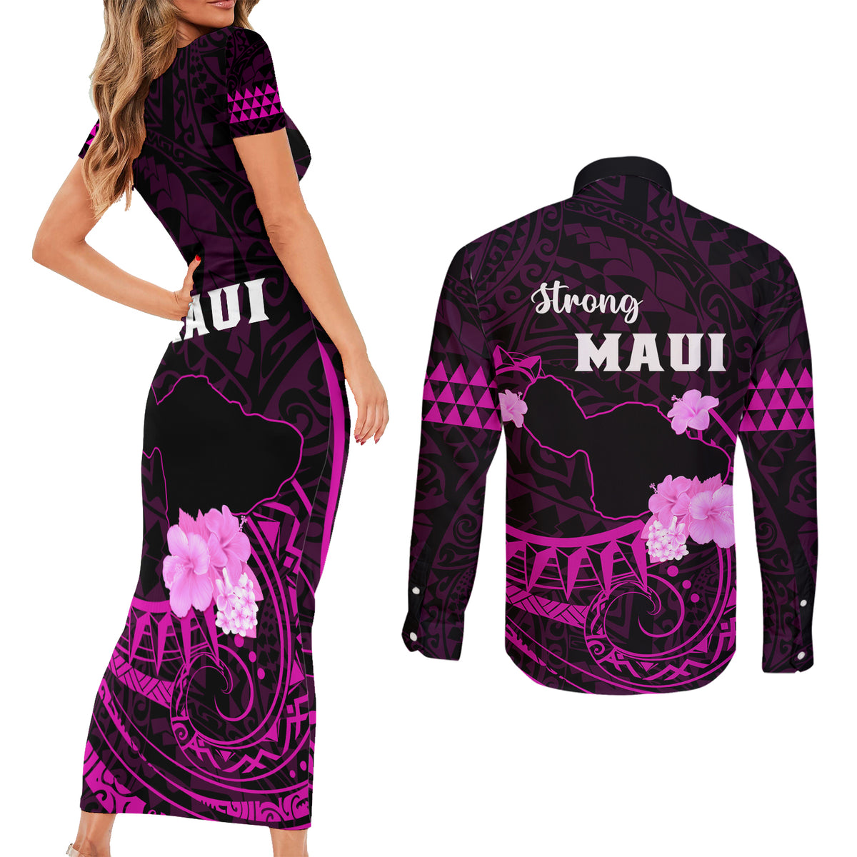 Hawaii Strong Maui Couples Matching Short Sleeve Bodycon Dress and Long Sleeve Button Shirt Lahaina Is Not For Sale LT05 - Polynesian Pride